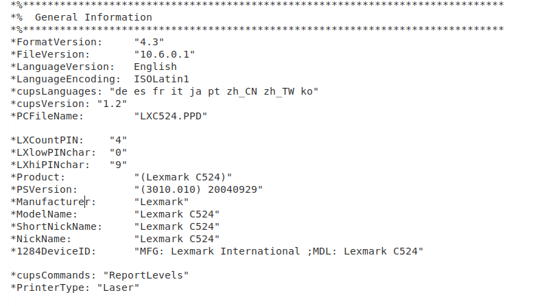 ככה נראה חלק מקובץ PPD של מדפסת לקסמרק C524.