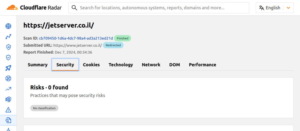 תמונה המראה את תוצאות הבדיקה של אתר www.jetserver.co.il בכלי לבדיקת אתרים CloudFlare Radar.
תוצאות הבדיקה "ללא סיכונים,