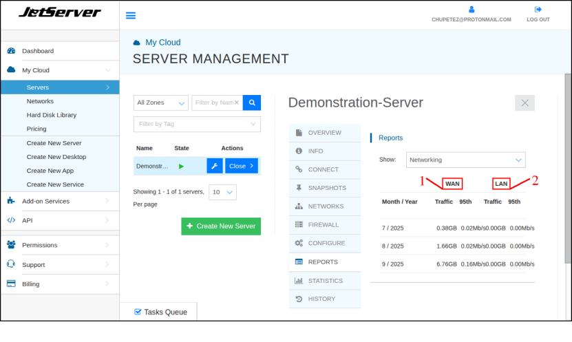 כרטיסיית Networks, המציגה נתוני תעבורת רשת בממשקי WAN ו-LAN של השרת.