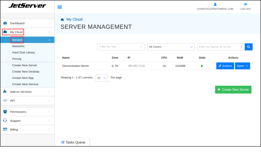 פאנל ניהול שרת במערכת הענן של Jetserver/