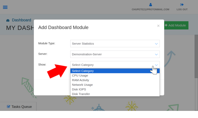 תפריט לבחירת דו"חות שימוש בשרת שיוצגו ב-Dashboard פתוח, חץ אדום מפנה אליו.