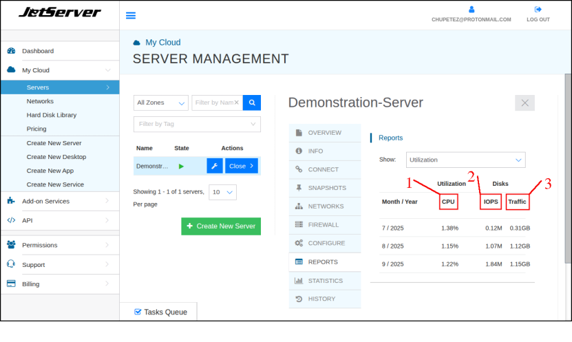דו"ח שימוש utilization, המציג את השימוש במעבד של השרת (באחוזים) ונתוני שימוש בכונן האחסון.