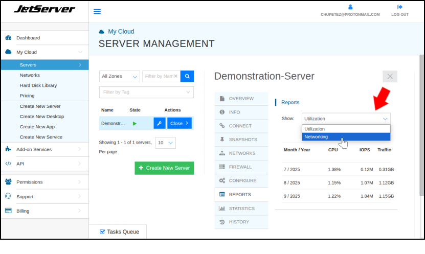 תפריט כרטיסיות דוח"חות שימוש כלליים פתוח, Networks מסומן עם סמן עכבר.
