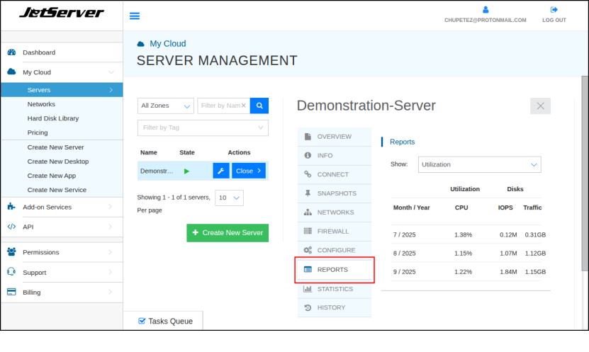 תפרט דו"חות שימוש מרוכזים פתוח. כפתור Reports, הפותח את התפריט, ממוסגר באדום.