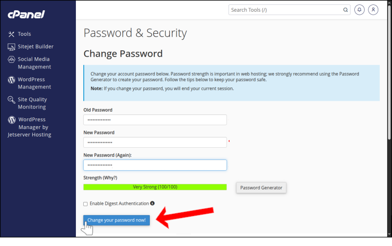 עמוד Password & Security, חץ אדום וסמן מסך מצביעים בתחתית העמוד על Change Your Password Now!