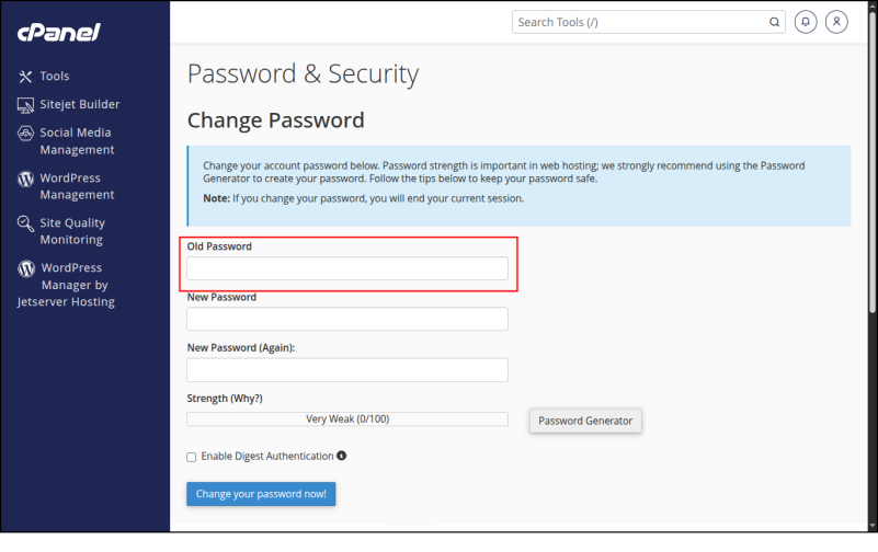 עמוד Password & Security, שדה Old Password ממוסגר באדום.