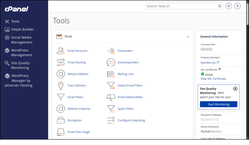 ממשק ניהול חשבון cPanel, עמוד כלים (Tools).