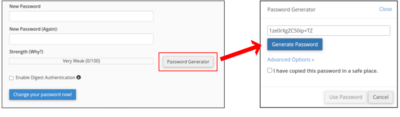 צילום מפוצל - כפתור Password Generator ממוסגר באדום, ולשמאלו, מסך Password Generator, שנועד ליצור סיסמאות.
