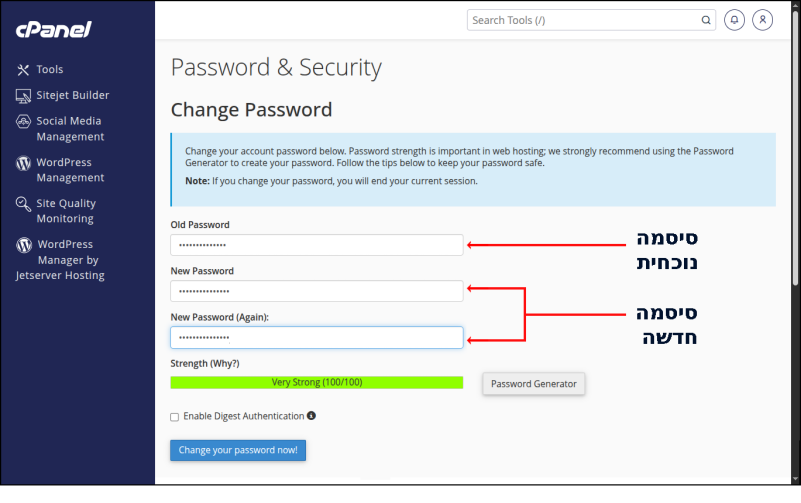 עמוד Password & Security, חץ אדום מצביע מכיתוב "סיסמה נוכחית לשדה Old Password, וחצים אדומים מצביעים מכיתוב "סיסמה חדשה" לשדות New Password ו-New Password (Again).