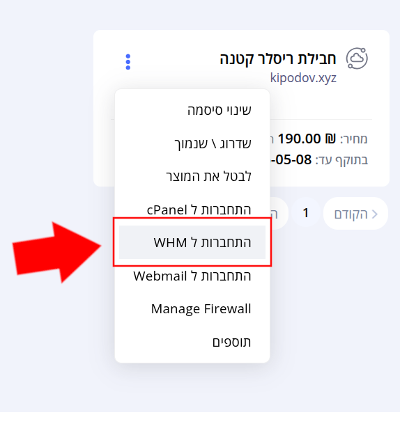 חץ אדום מצביע לכפתור "התחברות ל-WHM" בתפריט הפעולות של חבילת הריסלר, באמצעותו מתבצעת כניסה לחשבון ריסלר.