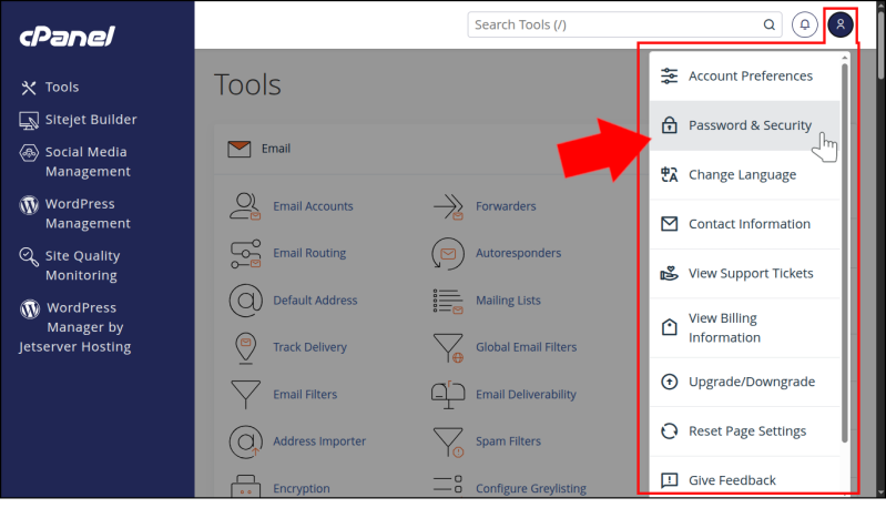 תפריט המשתמש ב-cPanel פתוח, חץ אדום וסמן עכבר מצביעים על Password and Security.