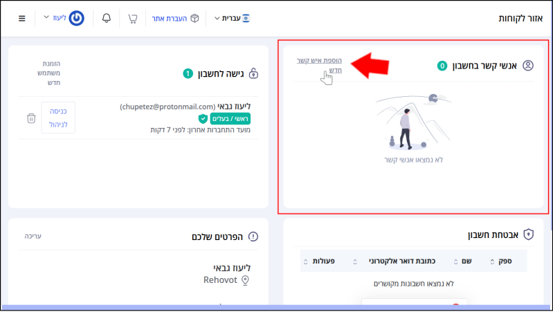 תיבת "אנשי קשר בחשבון" ממוסגרת באדום", חץ אדום וסמן עכבר מצביעים על כפתור "הוספת איש קשר חדש", עליו יש ללחוץ לשם יצירת איש קשר כללי לדומיינים.