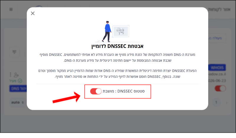 סטטוס הגדרת אבטחת DNSSEC מושבת - צבע המתג אדום והוא ממוקם בצד ימיו.