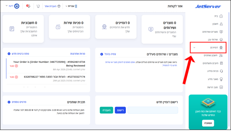 "דומיינים" ממוסגר באדום בתפריט בצד ימין של איזור הלקוחות.