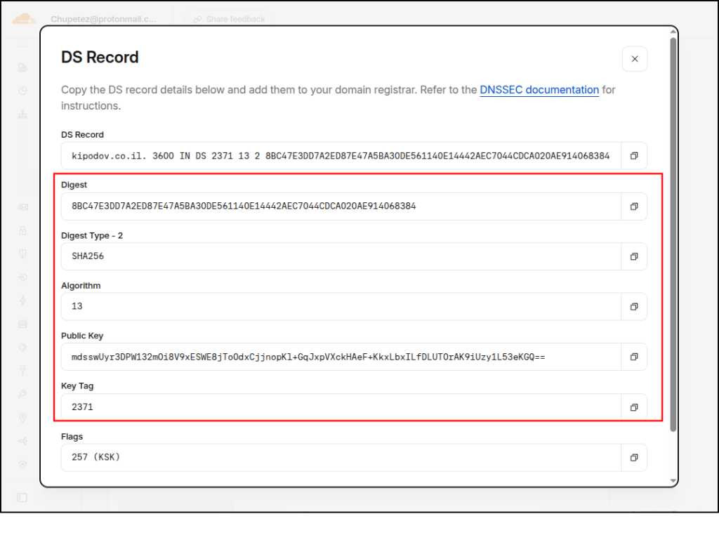 פרטי רשומת DS מספק DNS חיצוני (Cloudflare).