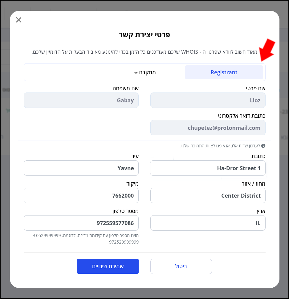 עמוד פרטי יצירת קשר פתוח על כרטיסיית הפרטים של בעל הדומיין (Registrant).