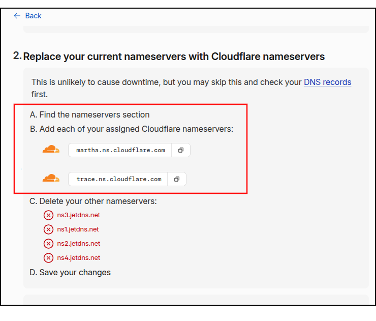 צילום מסך של מסך ההצטרפות לשירותי ה-DNS של Cloudflare, אשר מנחה את המשתמש לשנות את שרתי השמות של הדומיין של Cloudflare באמצעות מערכת הגדרת שרתי שמות (Nameservers) לדומיין של רשם הדומיינים של המשתמש.