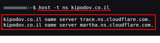 צילום מסך של כיצד פקודת host -t ns מראה את שרתי השמות של הדומיין.