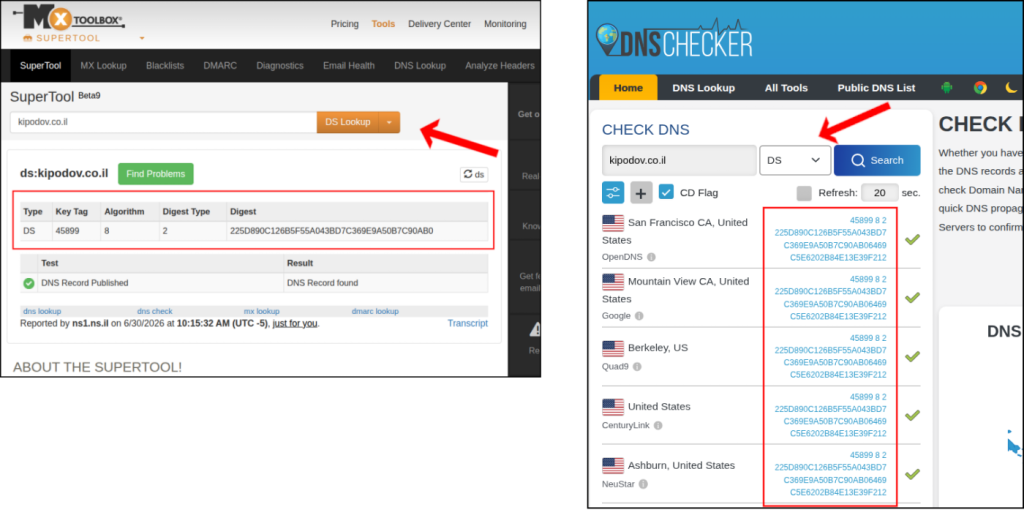 הפרטים הנחוצים להפעלת הגדרת DNSSEC באופן ידני, מופיעים (לאחר חיפוש) באתרים mxtoolbox.com ו-dnschecker.org.