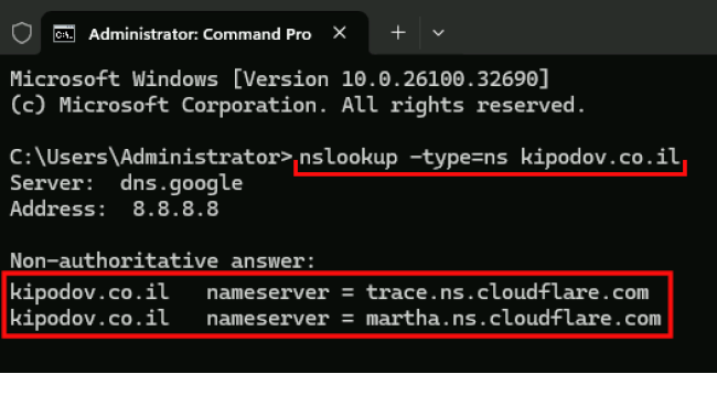 צילום מסך של כיצד פקודת nslookup -type=ns מראה את שרתי השמות של הדומיין.