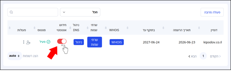חץ אדום מצביע על מתג הפעלת הגדרת חידוש אוטומטי לדומיין. סמן עכבר, שמחווה כלפי שמאל, גם מצביע על המתג, אשר צבעו אדום - כלומר, חידוש אוטומטי לא מופעל. סמן העכבר מחווה שמאלה כדי להזיז את המתג ולהפעיל את חידוש הדומיין.