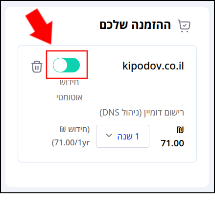 תיבת "ההזמנה שלכם". חץ אדום מצביע על מתג הגדרת חידוש אוטומטי לדומיין, אשר מופיע בצבע טורקיז (כלומר, החידוש  הופעל לאחר הקלקה על המתג).