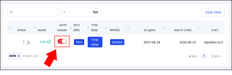 חץ אדום מצביע על מתג הפעלת הגדרת חידוש אוטומטי לדומיין, הממוסגר באדום. 
המתג בצבע אדום, כלומר, החידוש האוטומטי בוטל.