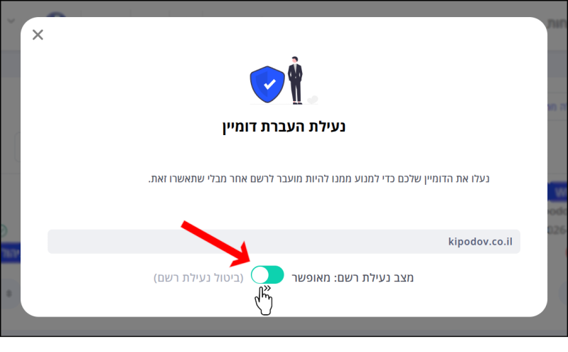 חץ אדום וסמן עכבר מצביעים על מתג הנעילה, עליו יש להקליק בשביל שחרור דומיין מנעילה.
