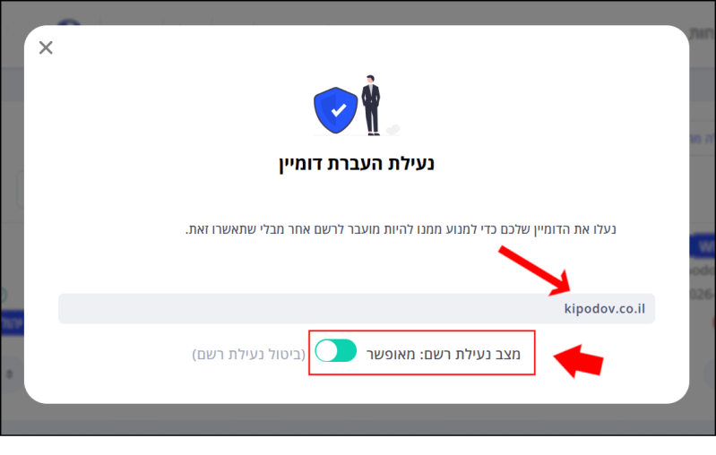 מסך נעילת העברת הדומיין. שם הדומיין המלא ומצב נעילה מאופשר, יחד עם מתג הנעילה בצבע טורקיז, מסומנים בחיצים אדומים.