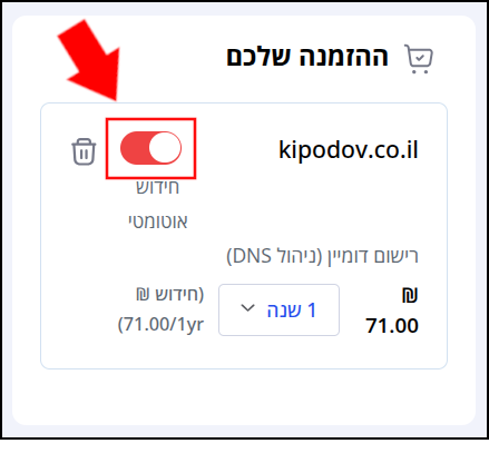תיבת "ההזמנה שלכם". חץ אדום מצביע על מתג הגדרת חידוש אוטומטי לדומיין, אשר מופיע בצבע אדום (כלומר, החידוש לא מופעל).