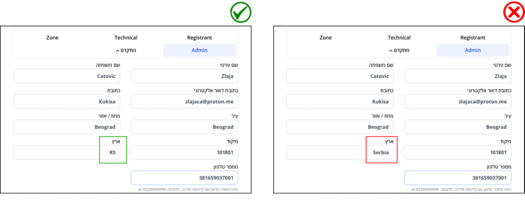 צילום מסך שמציג את שדה המדינה בכרטיסיית הפרטים של אחד מ-אנשי הקשר של הדומיין, עם שם המדינה המלא (Serbia) ממוסגר באדום; לצד צילום מסך שמציג את שדה המדינה עם קוד המדינה (RS) ממוסגר בירוק.