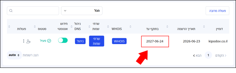 עמוד ניהול דומיינים. תאריך התפוגה של דומיין kipodov.co.il ממוסגר באדום ומסומן בסמן עכבר (תחת עמודת "בתוקף עד").