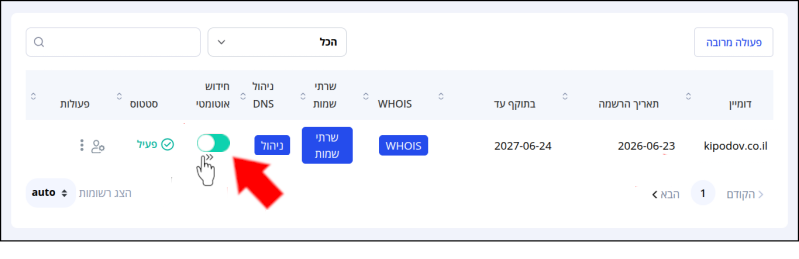 חץ אדום מצביע על מתג הפעלת הגדרת חידוש אוטומטי לדומיין. סמן עכבר, שמחווה כלפי שמאל, גם מצביע על המתג, אשר צבעו טורקיז - כלומר, חידוש אוטומטי מופעל. סמן העכבר מחווה ימינה (הזזת המתג לשמאל כדי לבטל את חידוש הדומיין).