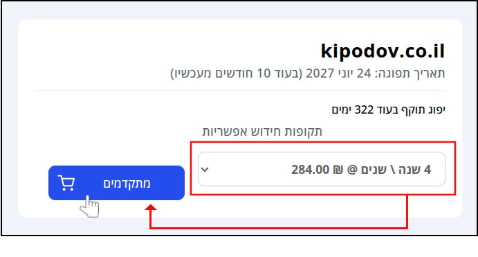 תפריט תקופות החידוש ממוסגר באדום. מהמסגרת של התפריט, חץ נמתח לכפתור "מתקדמים".
איך מחדשים דומיין: מקליקים על "מתקדמים" אחרי בחירת כמות השנים הרצויה.