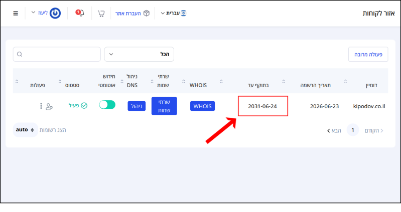 עמוד ניהול הדומיינים באיזור הלקוחות. תוקף הדומיין השונה (4 שנים נוספות) ממוסגר באדום ומסומן בחץ אדום.