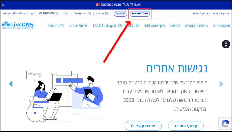 עמוד הבית של LiveDNS. "ניהול דומיינים" ממוסגר באדום ומסומן בחץ אדום.