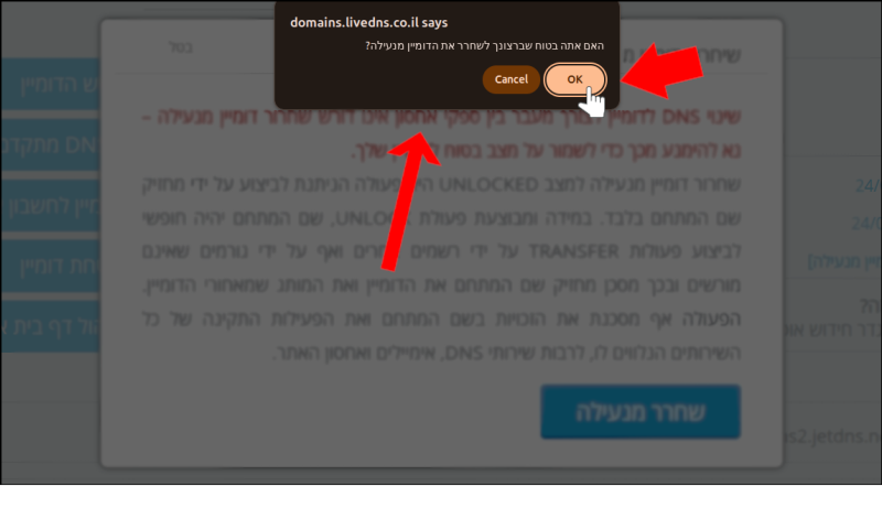 הודעת דפדפן המבקשת לאשר את פתיחת נעילת העברה, הנחוצה להעברת דומיין מהרשם LiveDNS אל Jetserver.