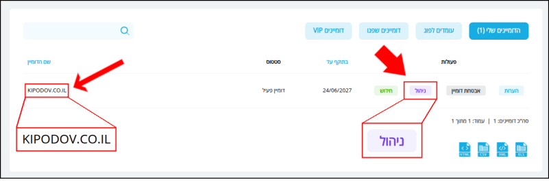 שם הדומיין (kipodov.co.il) וכפתור "ניהול" מוצגים בהגדלה.