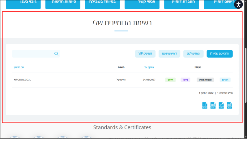 רשימת הדומיינים בעמוד ניהול הדומיינים של LiveDNS.