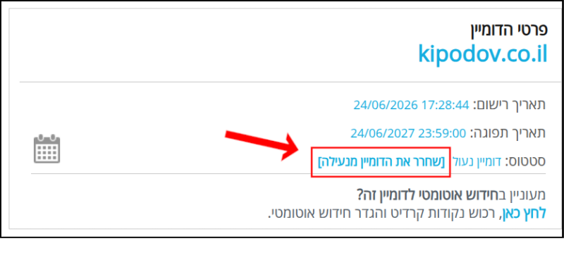 "קישור" שחרר את הדומיין מנעילה ממוסגר באדום ומסומן בחץ אדום (בתיבת פרטי הדומיין בממשק ניהול הדומיינים של LiveDNS).